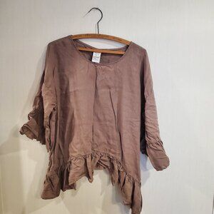 Match Point Women's Chocolate Brown 100% Linen Tunic Top Size M